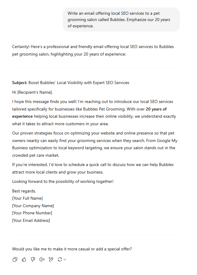 Write an email offering local SEO services