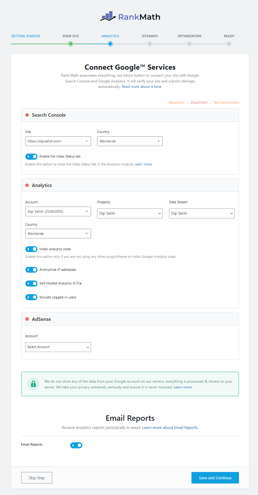 Rank math - Analytics and google service integration