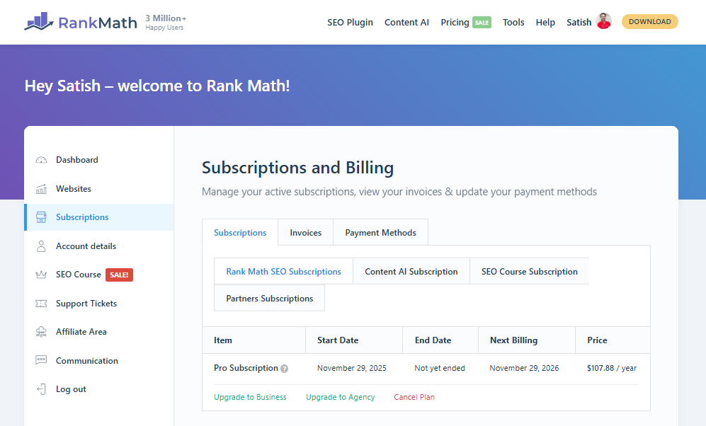 Rank Math SEO Review 2026: Is This the Best SEO Plugin for WordPress? 17 Rank math Pro billing