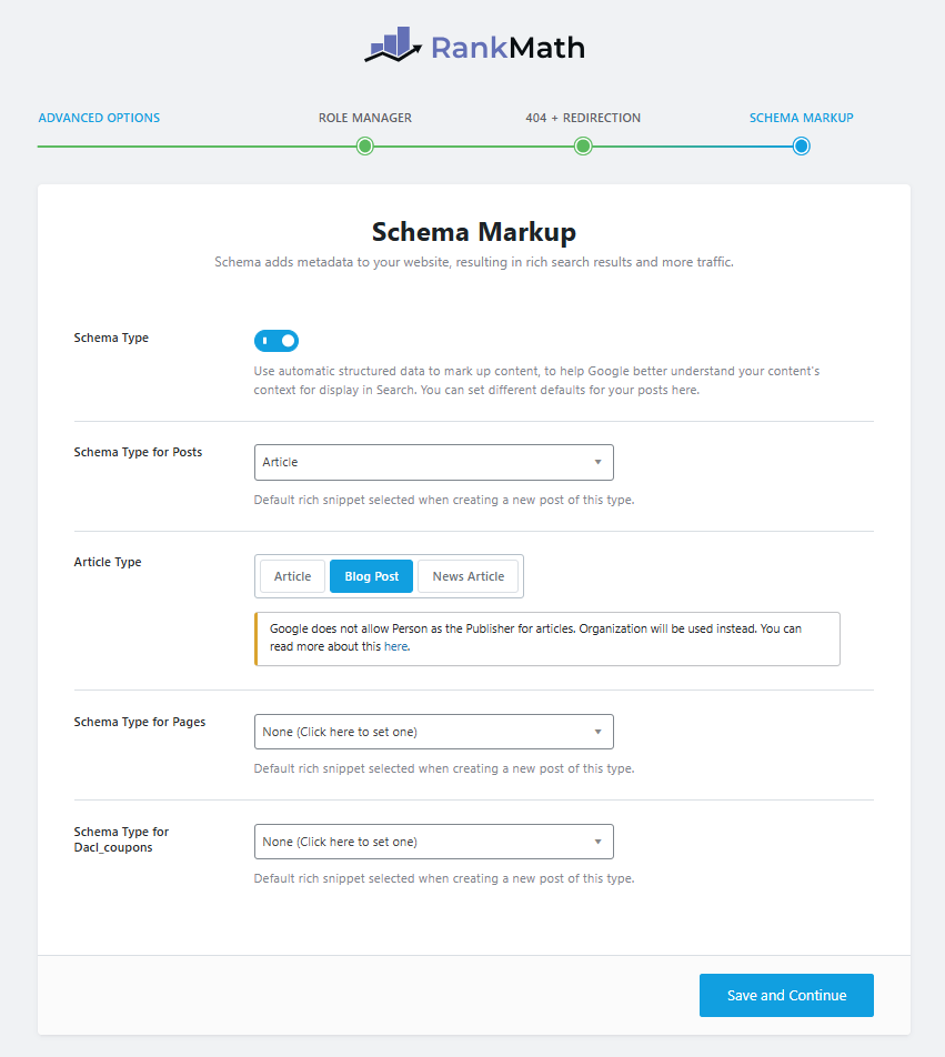 rank math - Schema markup setup
