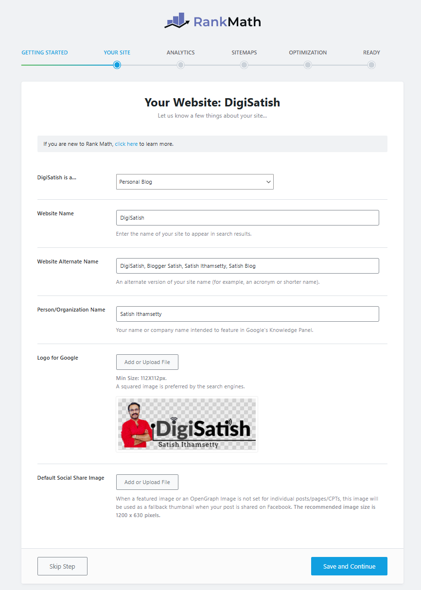 rank math setting - Personal blog settings